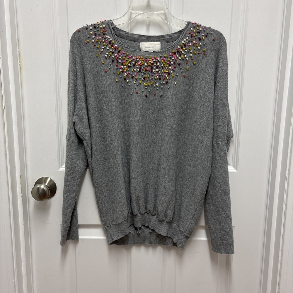Angel of the North Anthropologie Gray Pom Pom Embellished‎ Dolman Sweater M
